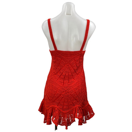 Zara Red Sleeveless Lace Ruffle Open Knit Crochet Peplum Tank A-Line Dress Sz S