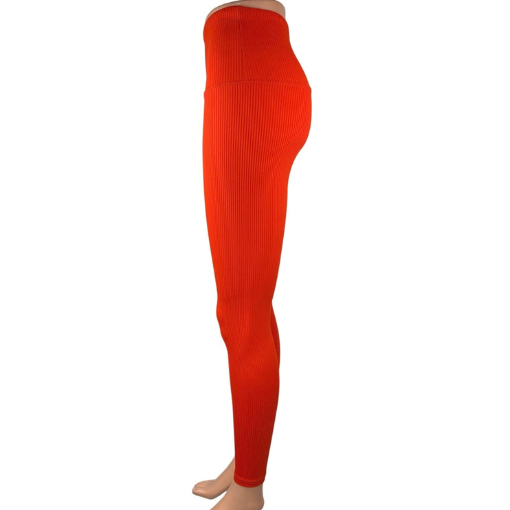 Strut This Women's Red Ribbed Mid Rise Pull One Athletic Leggings Pants One Size