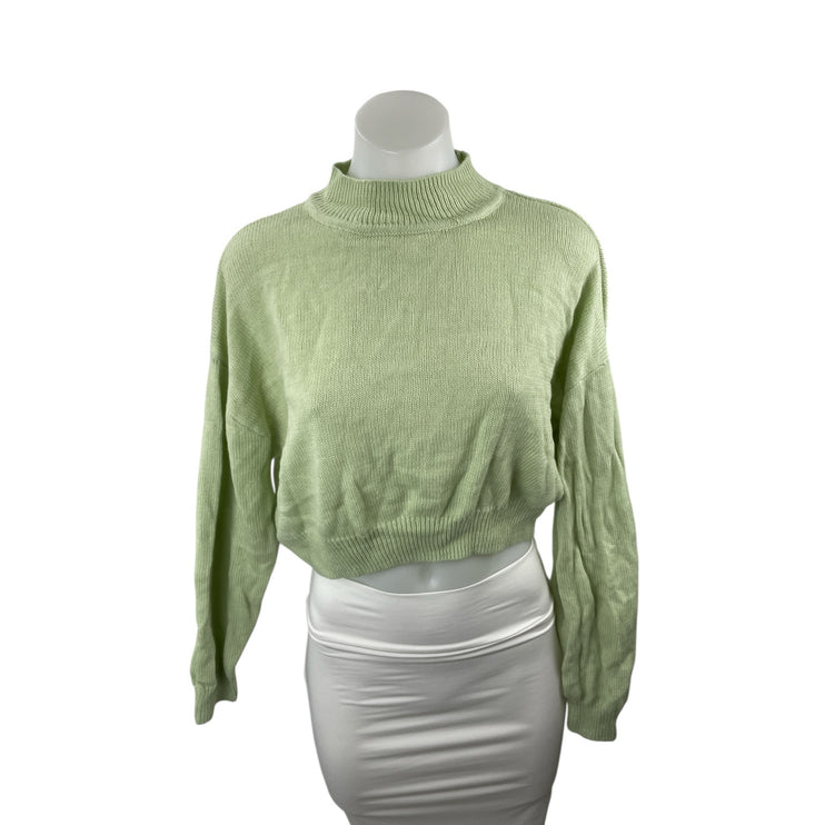 H&M Women's Green Ribbed Knit Long Sleeve Mock Neck Cropped Sweater Top Size S