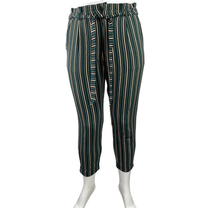 Pull & Bear Green Striped High Waisted Skinny Leg Paper Bag Trousers Pants Sz XL