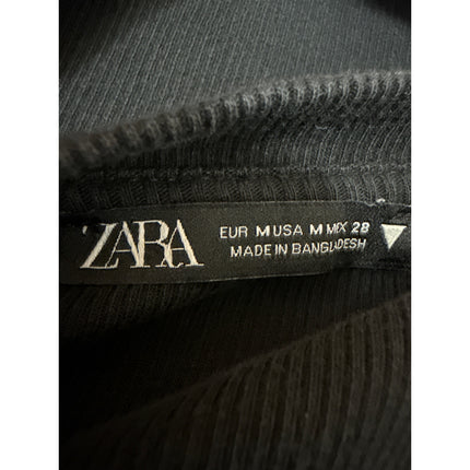 Zara Women's Black Ruffle Sleeve Ribbed Knit Crew Neck Crop Blouse Top Size M