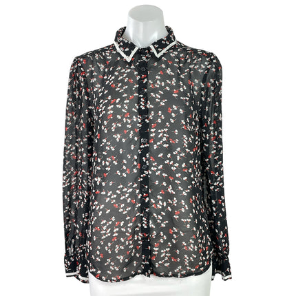 Modcloth Women's Black Floral Long Sleeve Sheer Button Down Shirt Top Size M