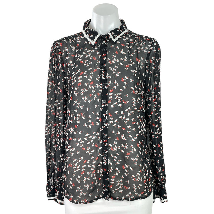 Modcloth Women's Black Floral Long Sleeve Sheer Button Down Shirt Top Size M