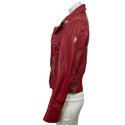 Mauritius Women's Red 100% Leather Full Zip Moto Biker Coat Jacket Size XS