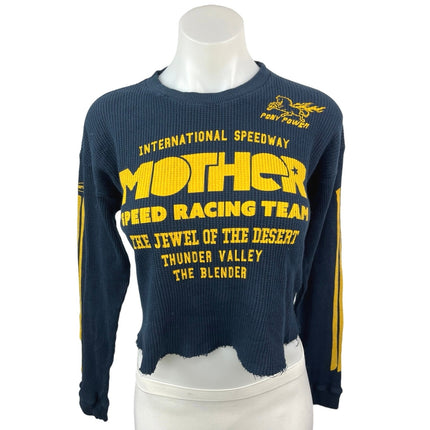 Mother Blue Yellow Waffle Knit Racing Boxy Long Sleeve Crop Tee T Shirt Top XS