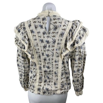 MNG Mango Overy Cream Black Floral Lace Embroidered Long Sleeve Blouse Top Sz 4