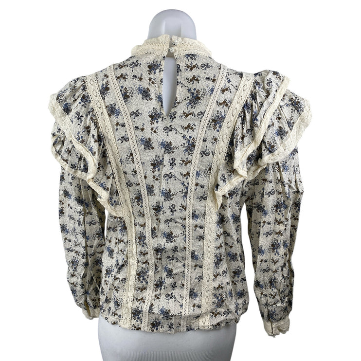 MNG Mango Overy Cream Black Floral Lace Embroidered Long Sleeve Blouse Top Sz 4