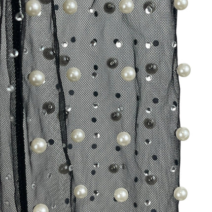 Women's Black Mesh Sheer Pearl Beaded Embellished Long Sleeve Crop Top Size S