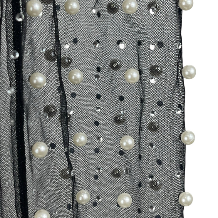 Women's Black Mesh Sheer Pearl Beaded Embellished Long Sleeve Crop Top Size S