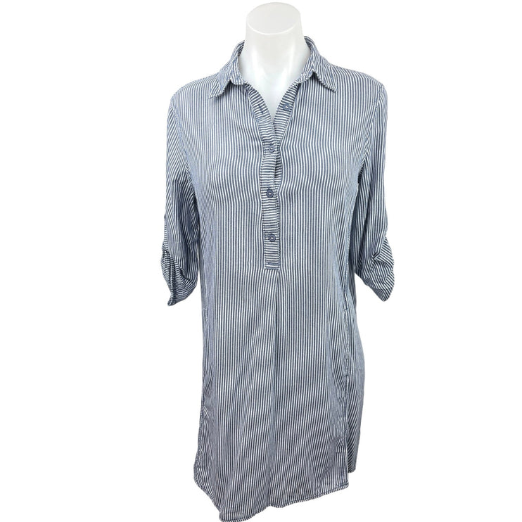 Max Studio Women Black Striped Collared 3/4 Sleeve Button Up Mini Shirt Dress XS