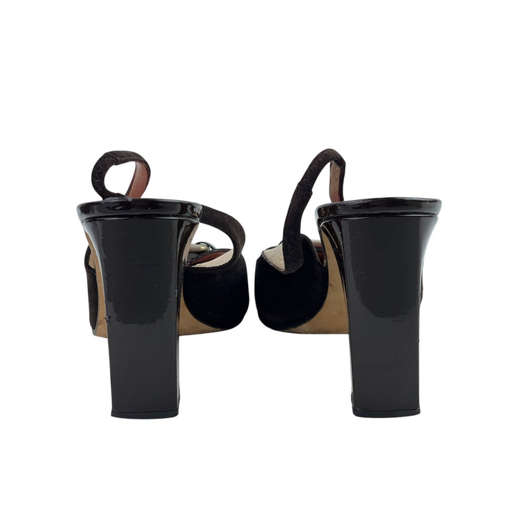 Kate Spade New York Black Leather Suede Gold Buckle Slingback Heels Shoes Sz 11