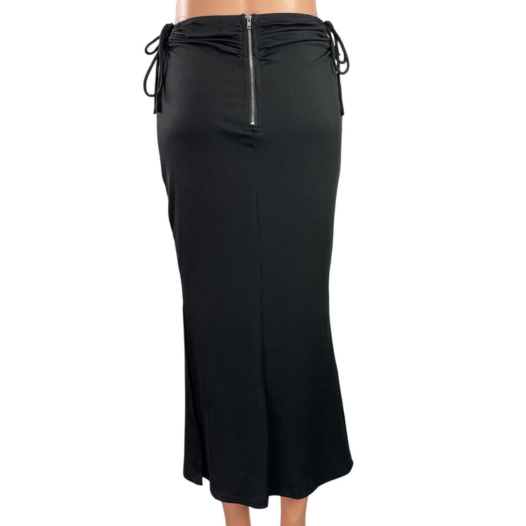 Princess Polly Women's Black Ribbed Ruched Tie Midi Straight Pencil Skirt Size 6