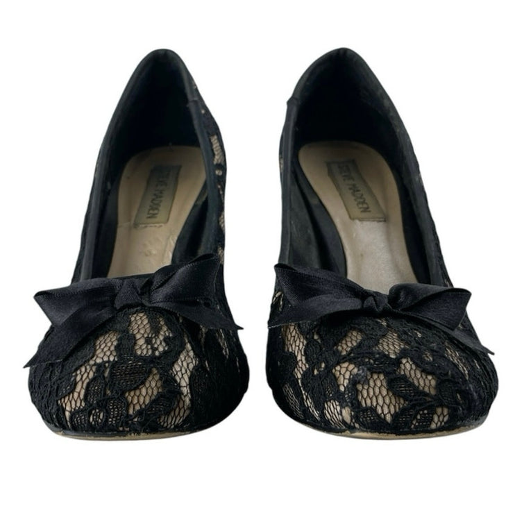 Steve Madden Black Floral Lace Bow Slip On Almond Toe Stiletto Heels Pumps Sz 7