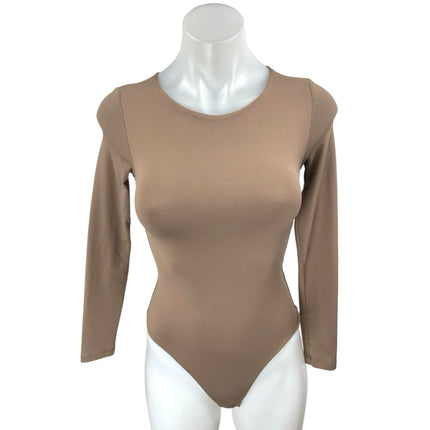 Aritzia Babaton Tan Long Sleeve Crew Neck T Shirt Thong Bodysuit Top Size XS