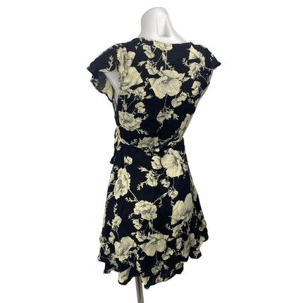Free People Black White Floral Print V-Neck Ruffle Sleeve Mini Wrap Dress Size S