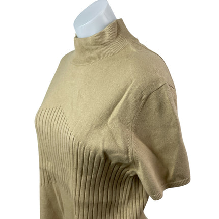 Rena Rowan Beige Silk Short Sleeve Mock Neck Ribbed Knit Sweater Top Size XL