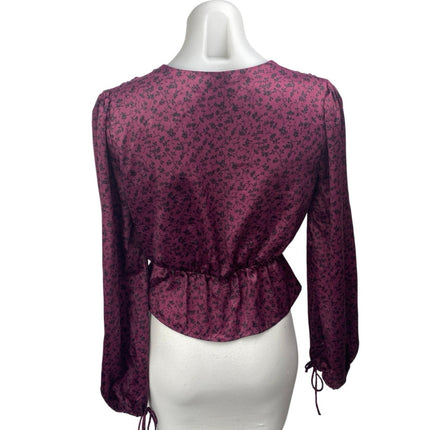 Urban Outfitters Women Purple Silk Satin Floral Long Sleeve Peplum Blouse Top XS
