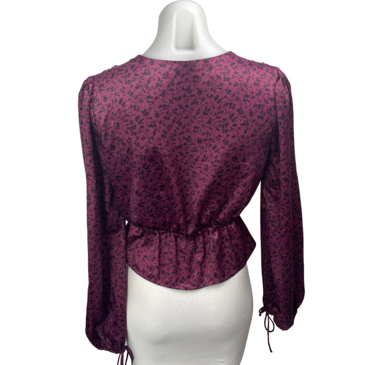 Urban Outfitters Women Purple Silk Satin Floral Long Sleeve Peplum Blouse Top XS