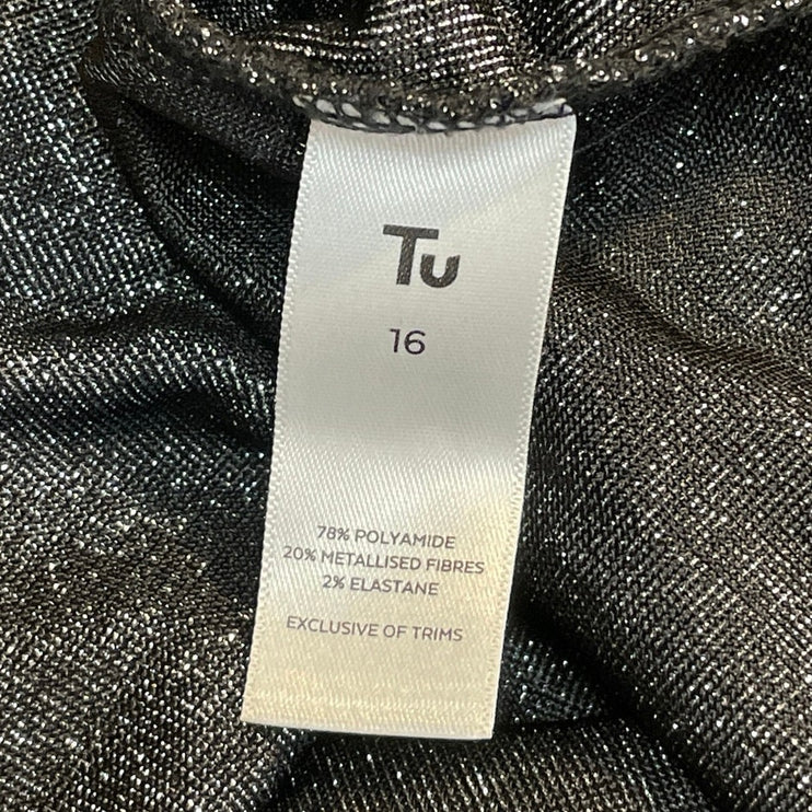 TU Silver Metallic Sparkle Ruched Mock Neck Long Sleeve T-Shirt Blouse Top Sz 16