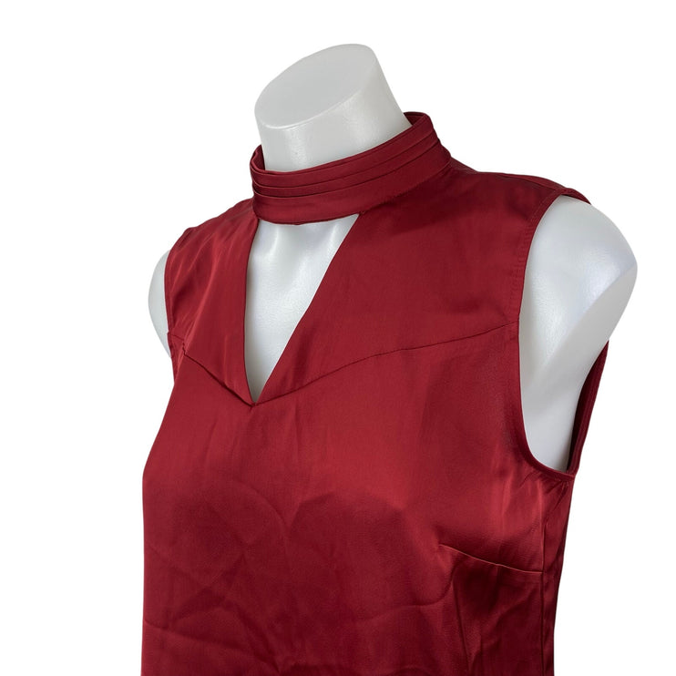 Halogen Women's Red Silk Satin Sleeveless Mock V Neck Tank Blouse Top Size XS