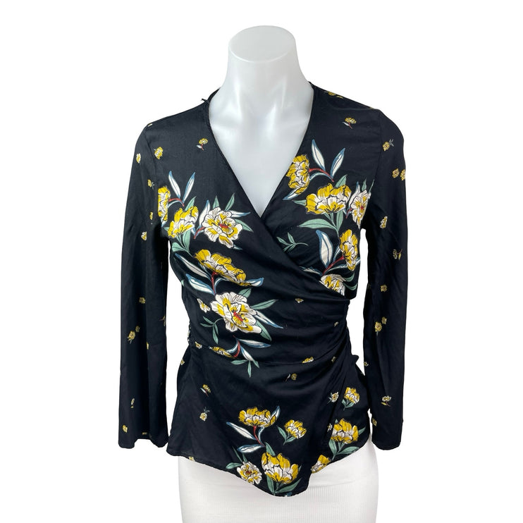 Zara Women's Black Floral Long Sleeve V Neck Tie Wrap Peplum Blouse Top Size M