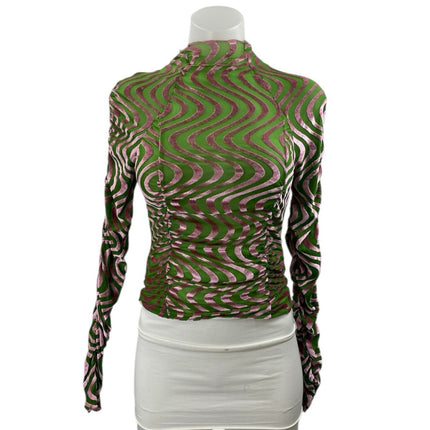 Urban Outfitters Green Pink Velvet Velour Swirl Long Sleeve Mock Neck Blouse S