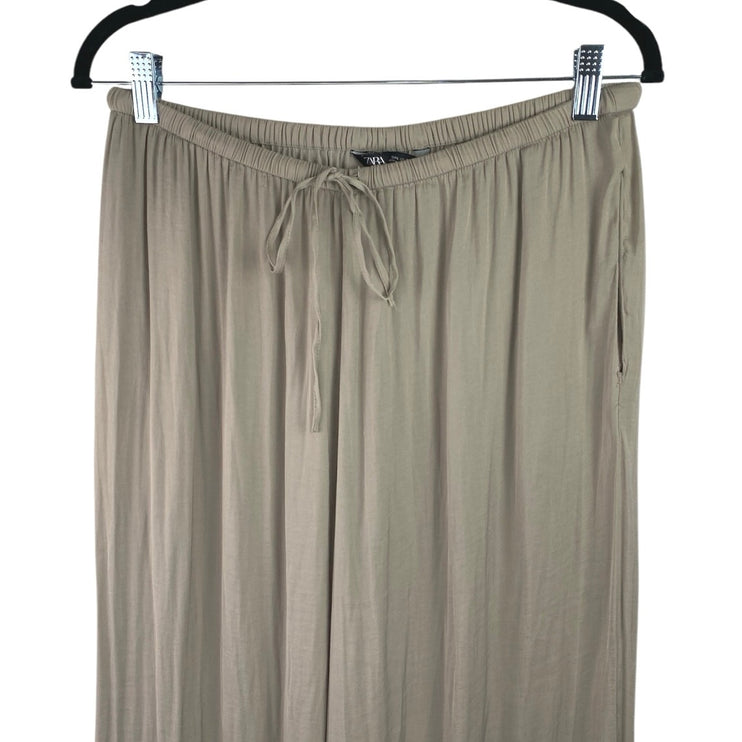 Zara Women's Beige Khaki High Waisted Drawstring Wide Leg Trousers Pants Size L