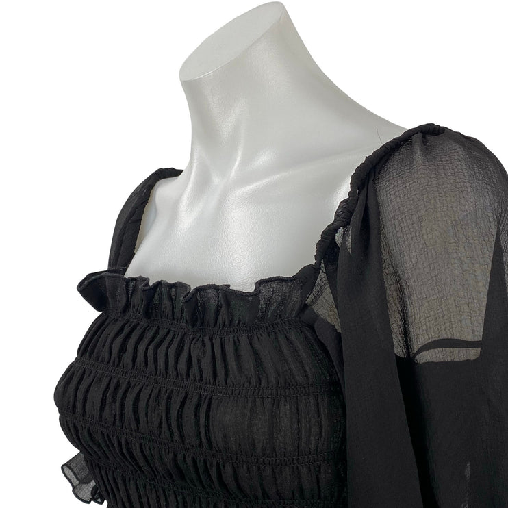 Urban Outfitters Black Smocked Mesh Sheer Half Sleeve Ruffle Blouse Crop Top M
