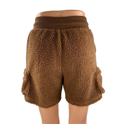 Champion Women's Brown Teddy Sherpa Fuzzy High Waisted Cargo Shorts Size XS