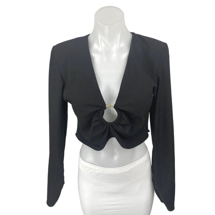 Zara Women's Black Long Sleeve Ring Deep V Neck Knit Blouse Crop Top Size M