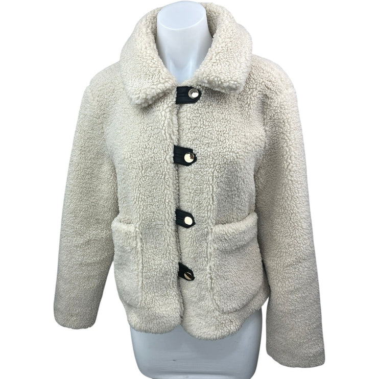 Zara Cream Beige Faux Shearling Sherpa Snap Button Collar Pockets Coat Jacket M