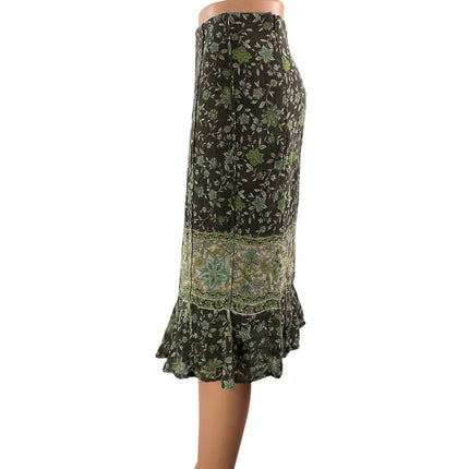 Jones New York 100% Silk Green Floral High Waist Ruffle Midi Pencil Skirt Sz 12
