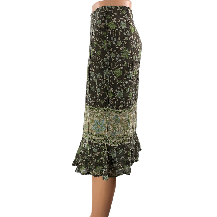 Jones New York 100% Silk Green Floral High Waist Ruffle Midi Pencil Skirt Sz 12