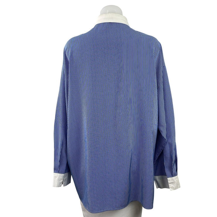 Commense Women's Blue Striped Long Sleeve Pocket Button Down Shirt Top Size M