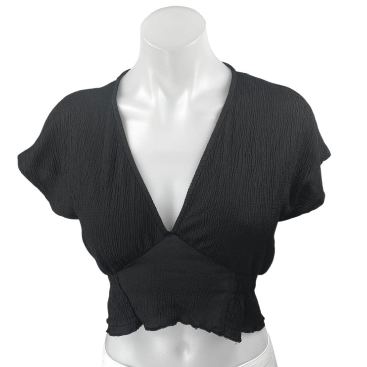 Zara Black Crinkled Gauze Short Flutter Sleeve V-Neck Smocked Crop Blouse Top S