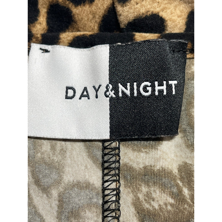 Day & Night Beige Black Leopard Long Sleeve Ring Plunge Bodysuit Top Size S