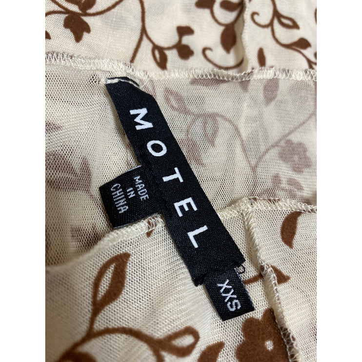 Motel Womens Cream Brown Flock Detail Floral Mesh Long Sleeve Crop Shirt Top XXS