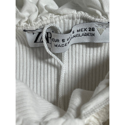 Zara Womens White Ruffle Ribbed Knit Scoop Neck Blouse Thong Bodysuit Top Size S