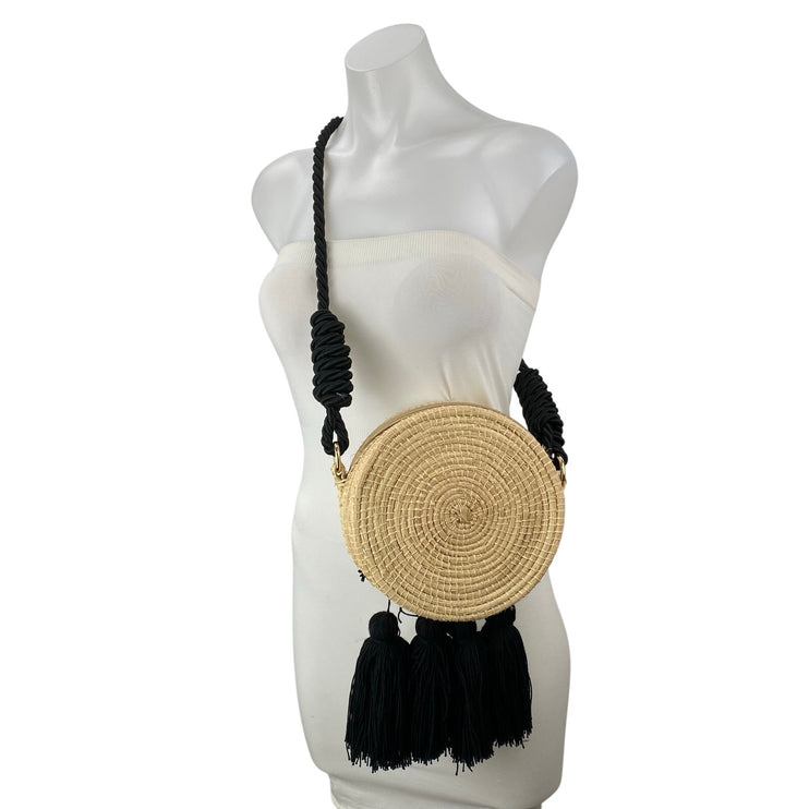 Women's Beige Fringe Tassel Rope Strap Crossbody Straw Summer Round Handbag OS
