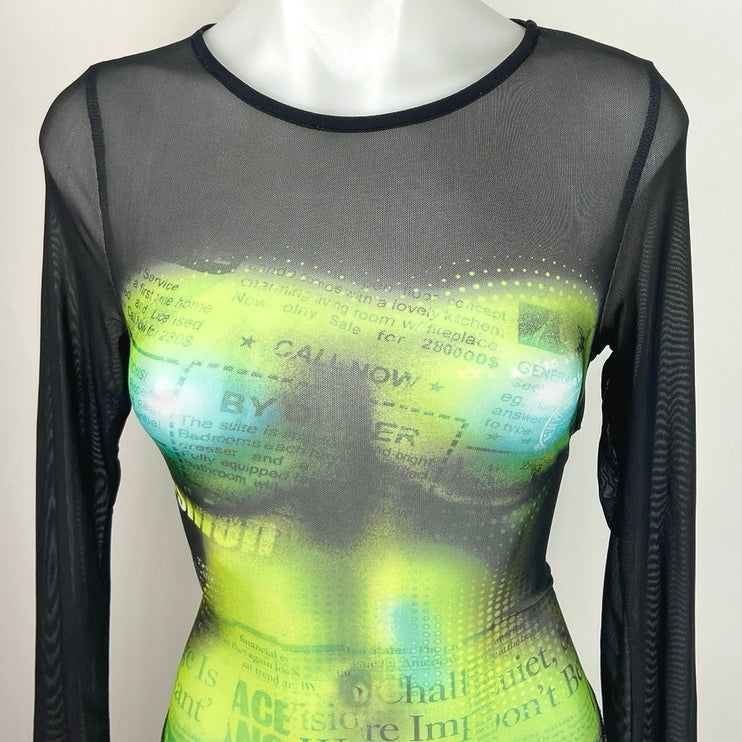 Fashion Nova Black Green Newspaper Print Body Secrets Mesh Bodysuit Top Size S