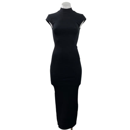 Zara Women's Black Ribbed Knit Mock Neck Short Cap Sleeve Midi Bodycon Dress S