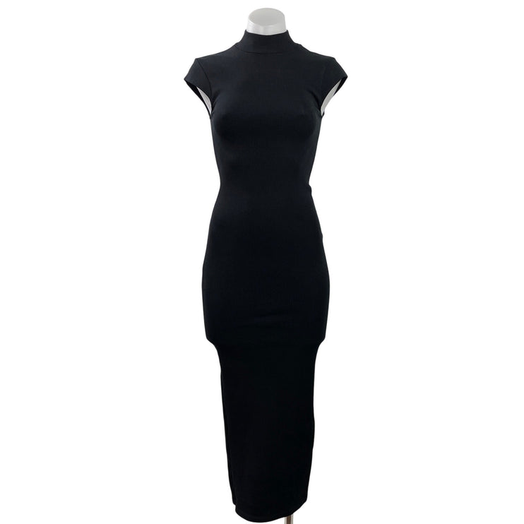 Zara Women's Black Ribbed Knit Mock Neck Short Cap Sleeve Midi Bodycon Dress S
