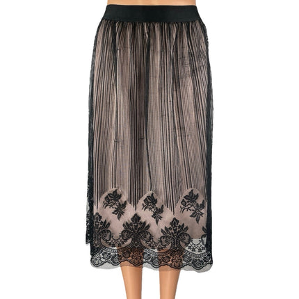 Xhilaration Women's Black Floral Striped Lace Tulle Mid Rise Midi Skirt Size XXL