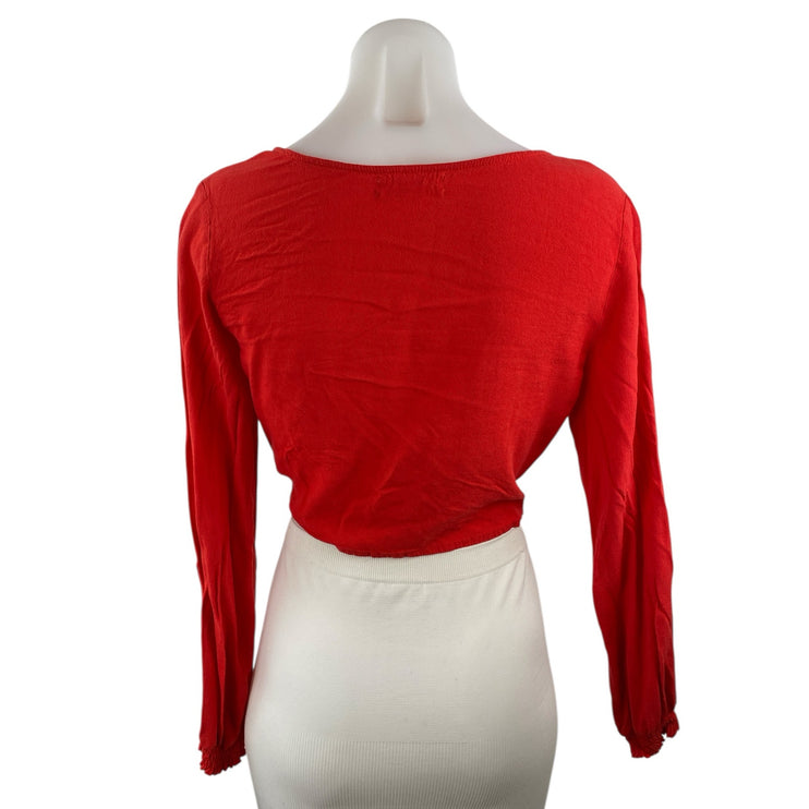 Urban Outfitters Womens Red Linen Twist Front Long Sleeve Blouse Crop Top Size S