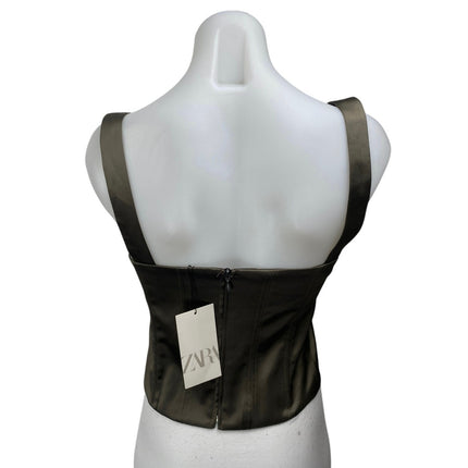NEW Zara Olive Green Silk Satin Sleeveless Corset Bustier Cami Tank Top Size XS