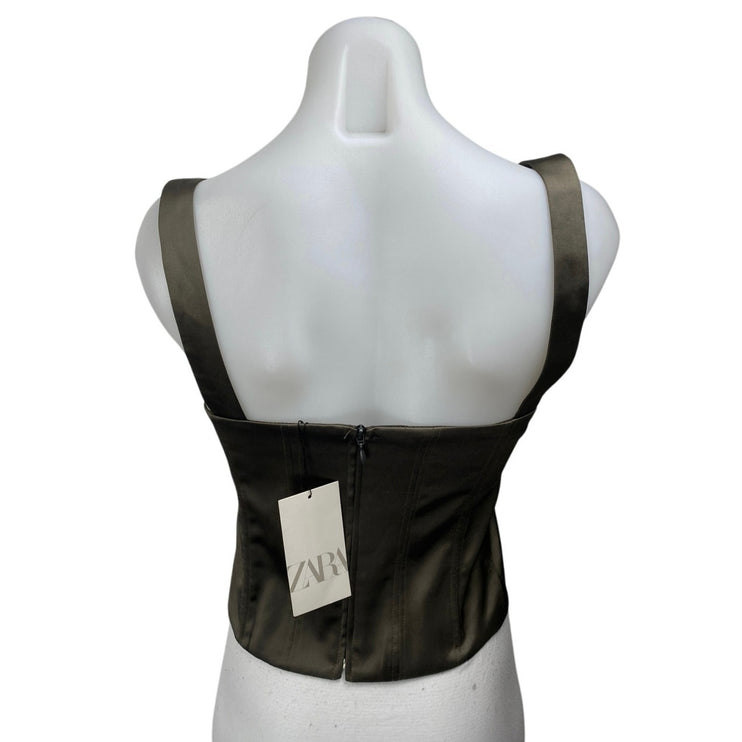 NEW Zara Olive Green Silk Satin Sleeveless Corset Bustier Cami Tank Top Size XS