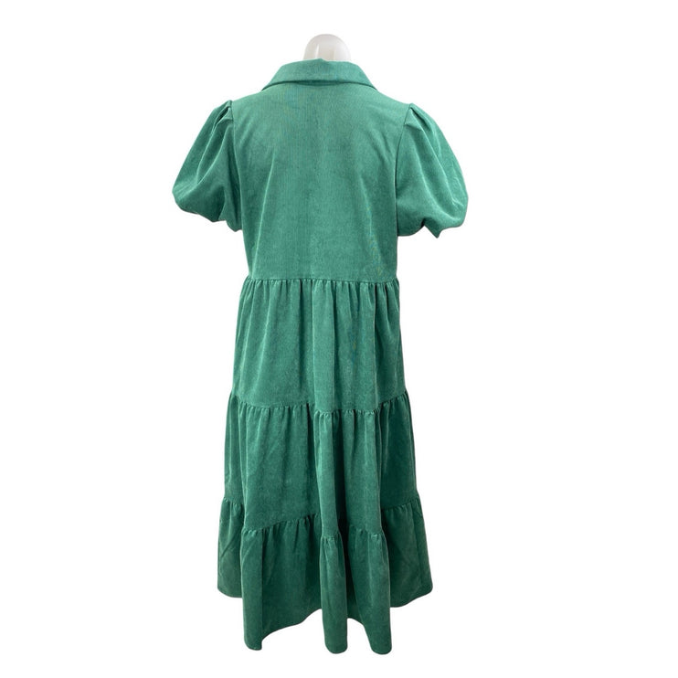 Crown & Ivy Women's Green Short Puff Sleeve Button Up Tiered Midi Dress Size M