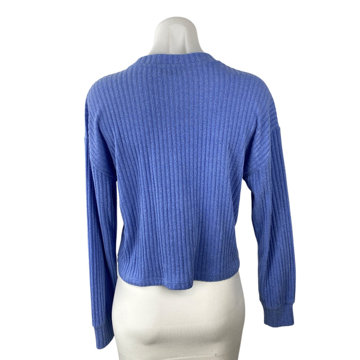 Aritzia Wilfred Free Women Blue Ribbed Knit Long Sleeve Cropped Sweater Top Sz S