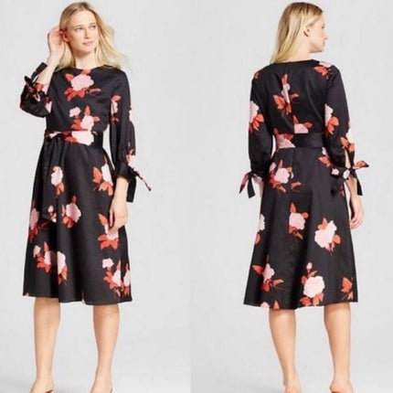 Who What Wear Black Red Cotton Rose Floral Tie Sleeve A Line Midi Dress Size S