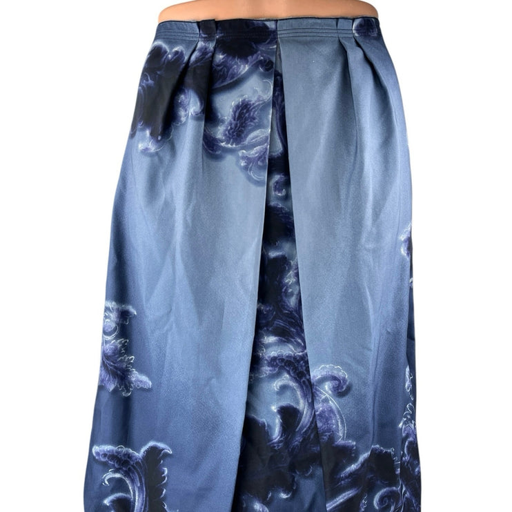 Prada 100% Silk Satin Blue Floral Pleated Knee Length A-Line Wrap Skirt 40 US 4